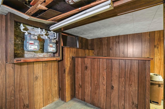 basement featuring wood walls