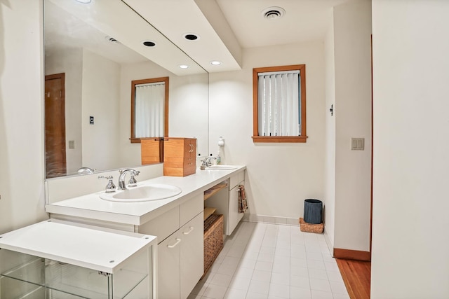 48 Sabbath Day Hill Rd, South Salem, NY 10590 - bathroom featuring baseboards, double vanity, recessed lighting, and tile patterned flooring