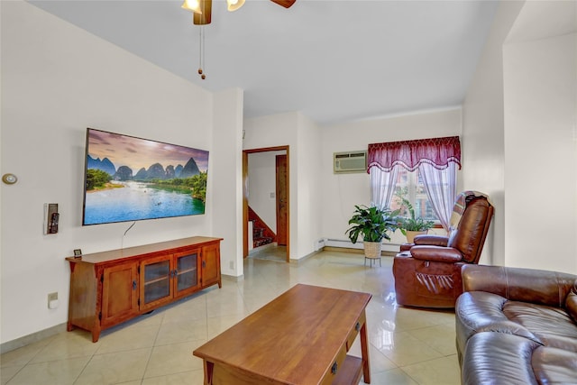 13042 NW 59th Ave, Flushing, NY 11355 - living room with ceiling fan, baseboard heating, baseboards, light tile patterned floors, and stairway