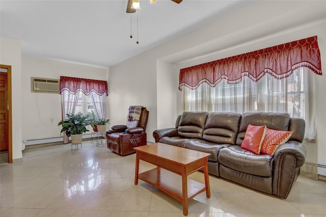 13042 NW 59th Ave, Flushing, NY 11355 - living room with a baseboard radiator, a ceiling fan, an AC wall unit, and light tile patterned flooring