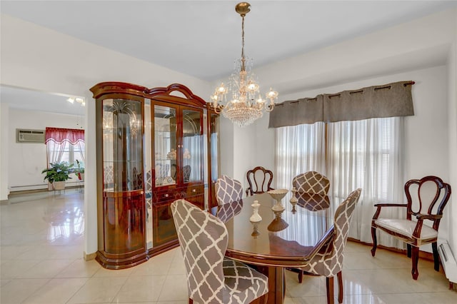 13042 NW 59th Ave, Flushing, NY 11355 - dining area featuring baseboard heating, an AC wall unit, light tile patterned flooring, and a chandelier