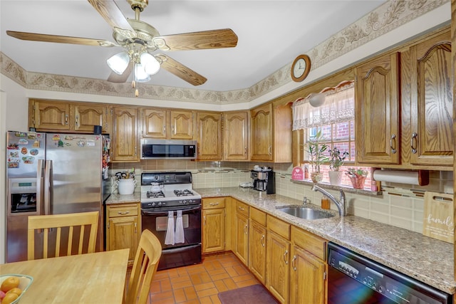 13042 NW 59th Ave, Flushing, NY 11355 - kitchen with backsplash, brick floor, a sink, and black appliances