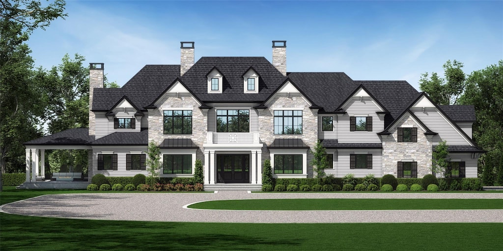 2 E Gate Rd, Lloyd Harbor, NY 11743 - view of front of property featuring a front yard, a chimney, and stone siding