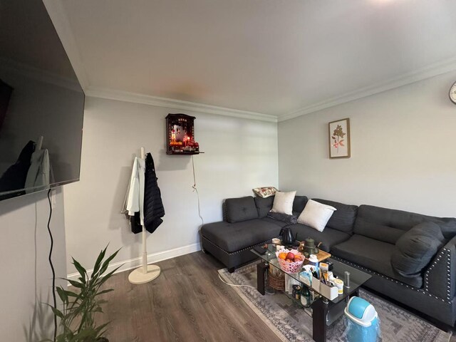 living room featuring crown molding, baseboards, and wood finished floors
