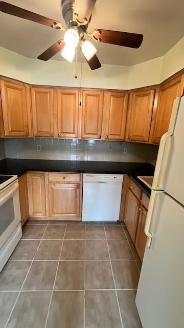 40 Jefferson Oval Unit A, Yorktown Heights, NY 10598 - kitchen featuring white appliances, tile patterned floors, dark countertops, and a ceiling fan