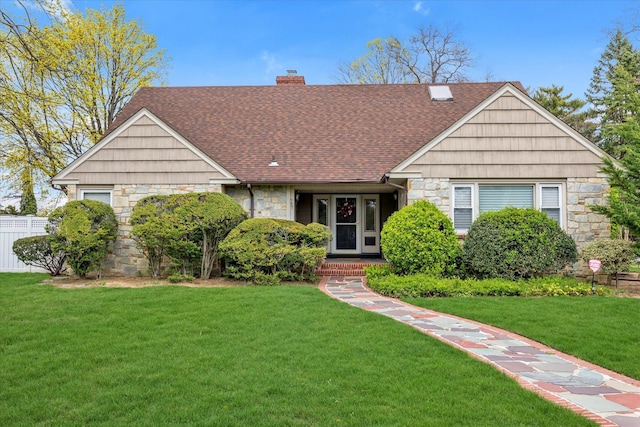 ranch-style home with a chimney, stone siding, a shingled roof, and a front yard