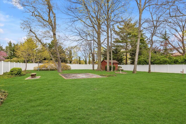 view of yard featuring a fenced backyard, an outdoor structure, a patio, and a storage shed