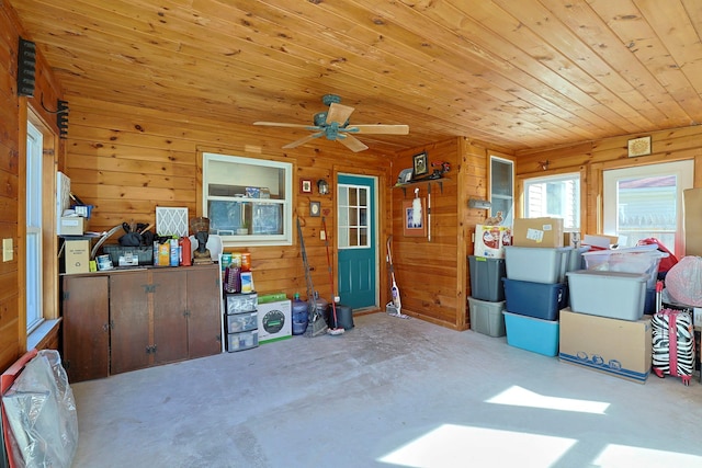 interior space with wood ceiling, wooden walls, and unfinished concrete floors