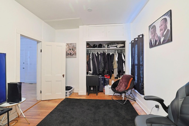 interior space featuring light wood finished floors and a closet