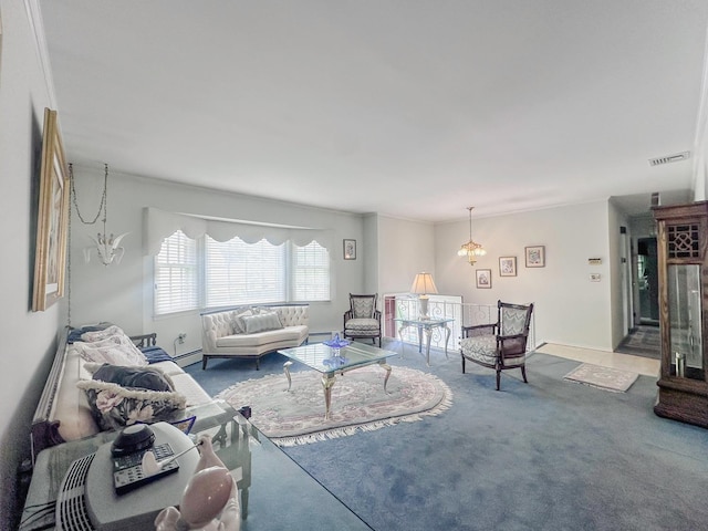14 Scott St, Dix Hills, NY 11746 - living room featuring carpet floors, a chandelier, and baseboard heating