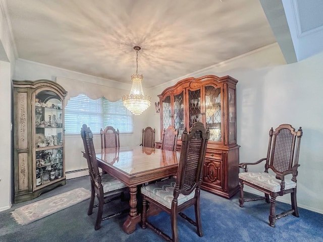 14 Scott St, Dix Hills, NY 11746 - dining area with a chandelier, dark carpet, a baseboard heating unit, crown molding, and baseboards