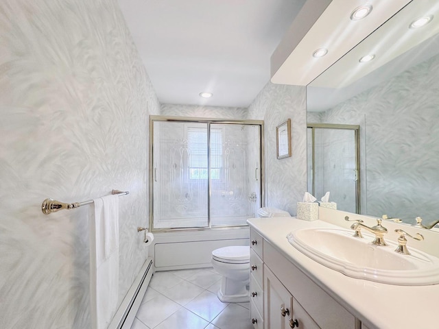 14 Scott St, Dix Hills, NY 11746 - full bath featuring a baseboard heating unit, wallpapered walls, vanity, toilet, and bath / shower combo with glass door