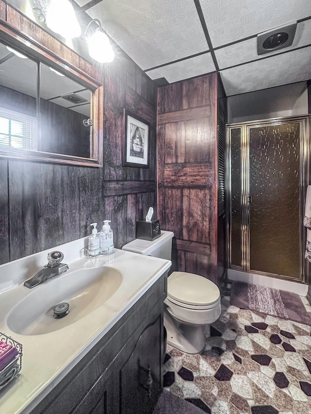 14 Scott St, Dix Hills, NY 11746 - full bath with toilet, a stall shower, vanity, and wood walls