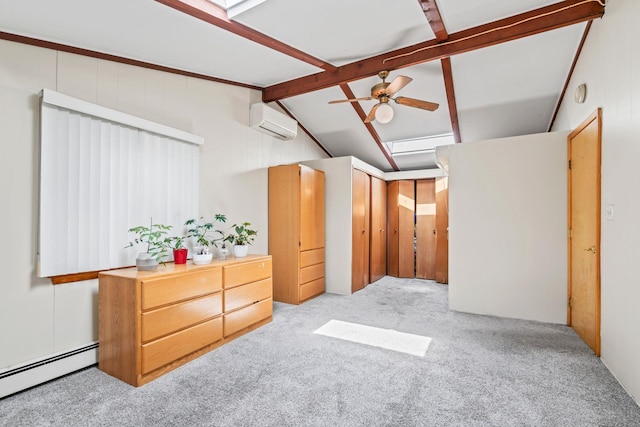 unfurnished bedroom with carpet, a baseboard radiator, vaulted ceiling with beams, and a wall unit AC