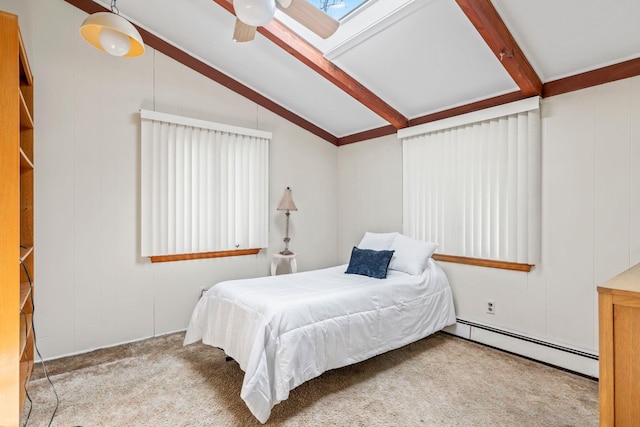 carpeted bedroom featuring a baseboard heating unit, lofted ceiling with beams, and a ceiling fan