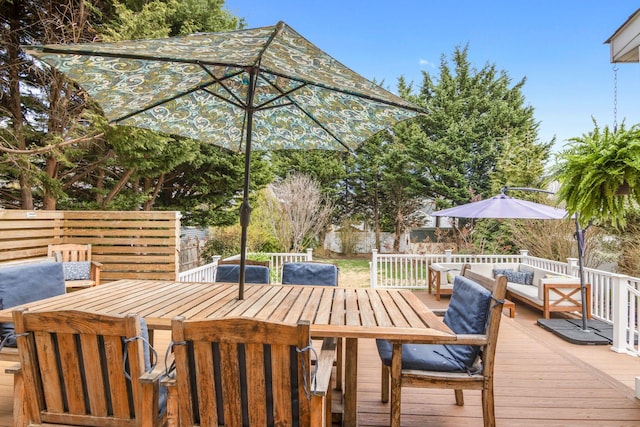 wooden terrace with outdoor lounge area, outdoor dining space, and a fenced backyard
