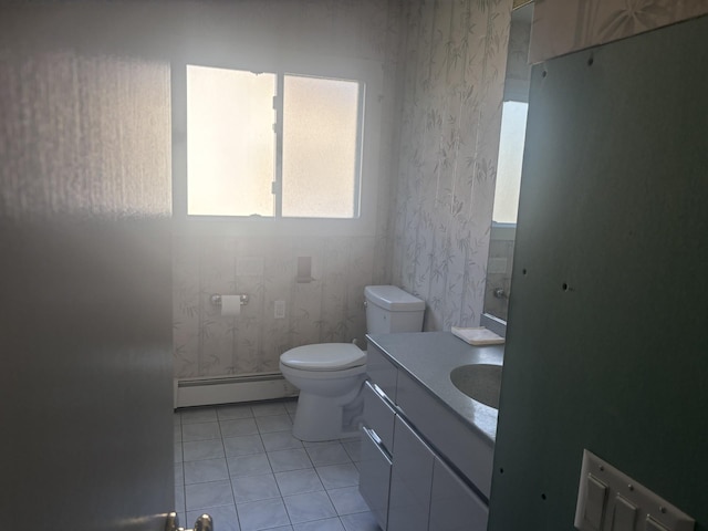 60 Hewitt Blvd, Center Moriches, NY 11934 - bathroom featuring tile patterned floors, wallpapered walls, toilet, and a baseboard radiator