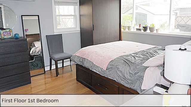 bedroom with a baseboard radiator and wood finished floors
