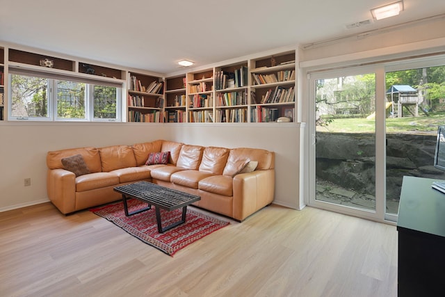 living room with baseboards, a wealth of natural light, and wood finished floors