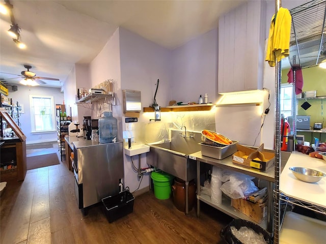 108 Main St, Livingston Manor, NY 12758 - kitchen with wood finished floors, a ceiling fan, and a sink