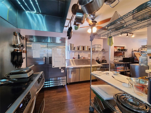 108 Main St, Livingston Manor, NY 12758 - kitchen with stainless steel built in refrigerator, wood finished floors, and ceiling fan