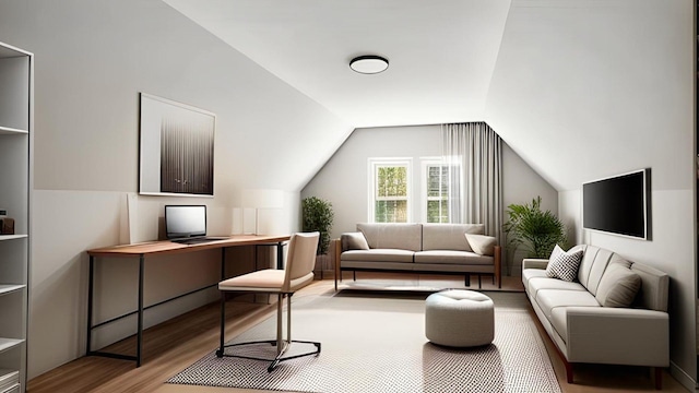 679 E 221st St, Bronx, NY 10467 - living area with wood finished floors, vaulted ceiling, and a desk
