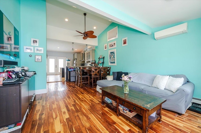 100 California St, Long Beach, NY 11561 - living room featuring wood finished floors, a ceiling fan, high vaulted ceiling, a wall mounted air conditioner, and beam ceiling