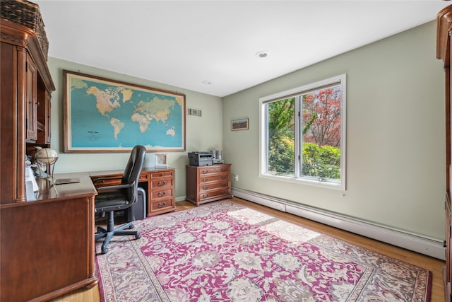 home office with wood finished floors, recessed lighting, baseboards, and a baseboard heating unit