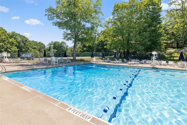 pool featuring a patio area and fence