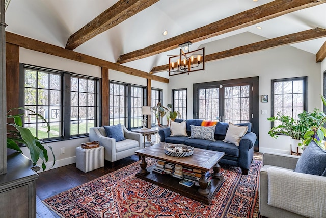 living area with a chandelier, dark wood finished floors, baseboards, and recessed lighting
