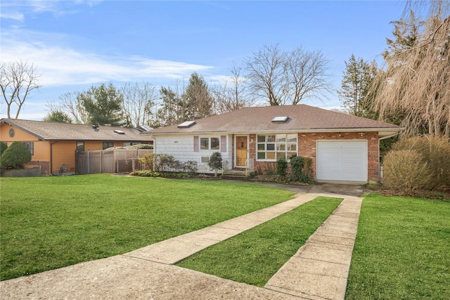 ranch-style house featuring a garage, a front yard, concrete driveway, and fence
