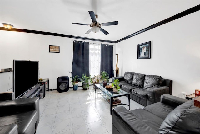 living room featuring a ceiling fan and crown molding