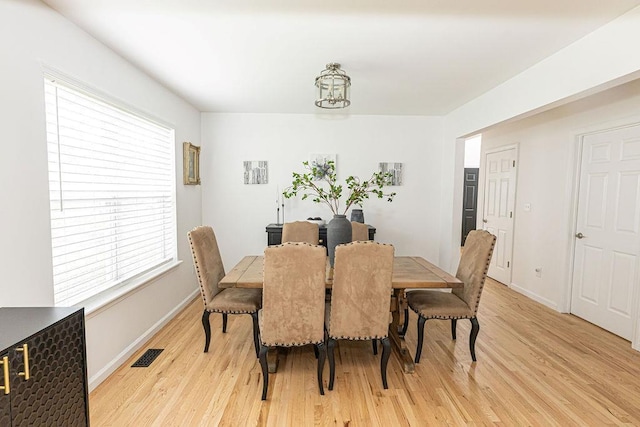 dining room with baseboards, visible vents, and light wood-type flooring