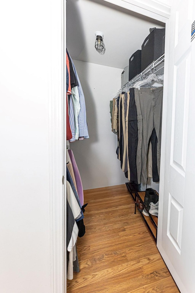 walk in closet with wood finished floors
