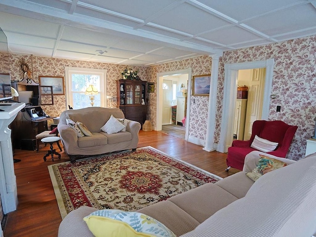 4073 Rte 9w, Saugerties, NY 12477 - living room with coffered ceiling, wallpapered walls, and wood finished floors