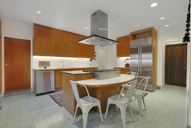 kitchen with open shelves, island range hood, a center island, a sink, and stainless steel appliances