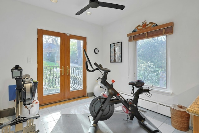 workout room featuring french doors, a ceiling fan, and plenty of natural light