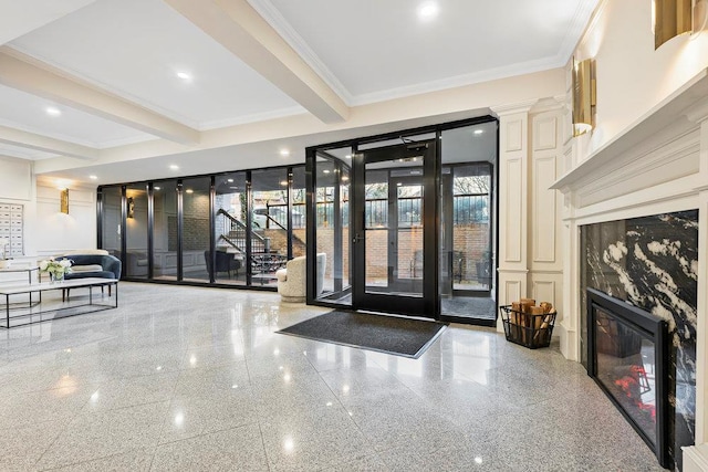 7510 Yellowstone Blvd Unit 6D, Rego Park, NY 11374 - common area featuring crown molding, beam ceiling, and a decorative wall