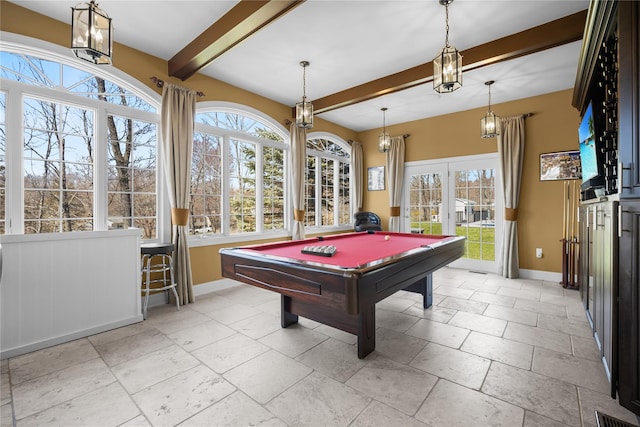 game room with beamed ceiling, baseboards, billiards, and visible vents
