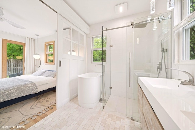893 Laroe Rd, Monroe, NY 10950 - full bathroom with a stall shower, vanity, a freestanding tub, ensuite bathroom, and ceiling fan