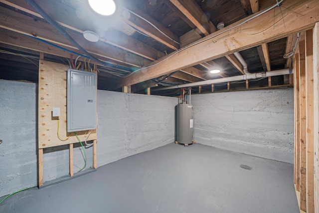unfinished below grade area featuring water heater and electric panel