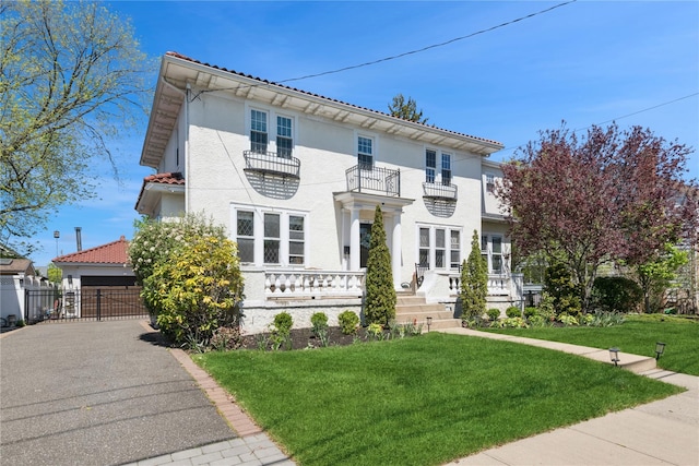 italianate home with a tiled roof, stucco siding, a front lawn, and a balcony