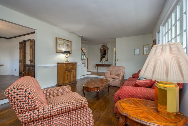 26 Strathmore Dr, New City, NY 10956 - living room featuring stairs, baseboards, and wood finished floors