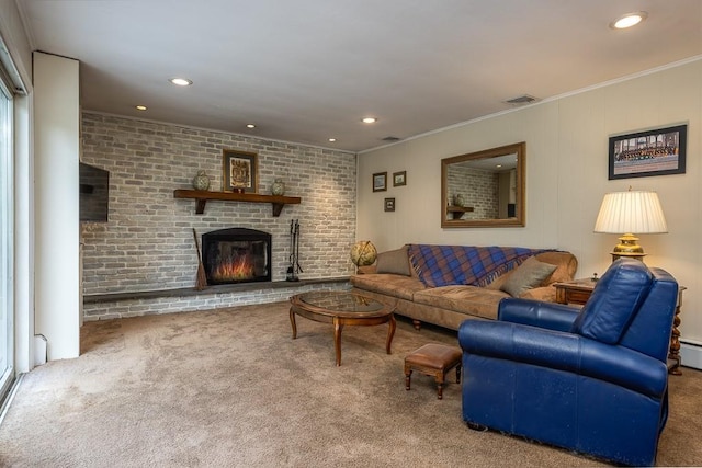 26 Strathmore Dr, New City, NY 10956 - carpeted living room featuring a brick fireplace, recessed lighting, a baseboard heating unit, visible vents, and ornamental molding