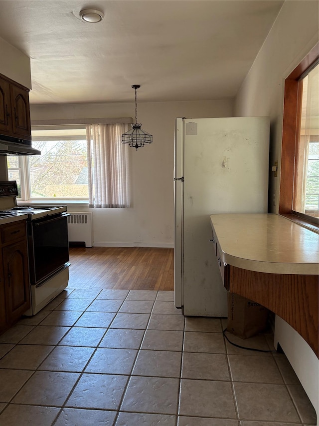 8 Dee Pl, Huntington Station, NY 11746 - kitchen featuring radiator heating unit, range with electric stovetop, light wood finished floors, under cabinet range hood, and freestanding refrigerator