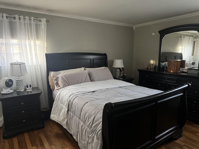 bedroom with crown molding, multiple windows, and dark wood-style flooring
