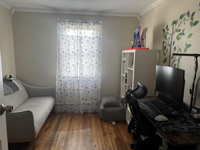 interior space with hardwood / wood-style flooring and ornamental molding