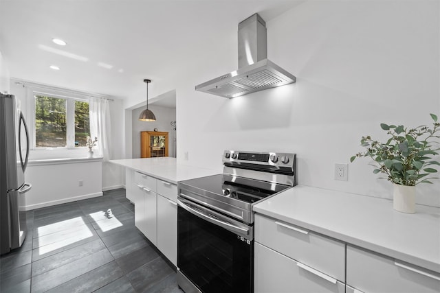 kitchen featuring ventilation hood, stainless steel appliances, white cabinetry, and light countertops