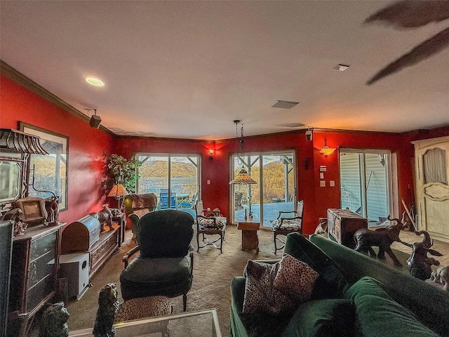 282 Tamerisk Ln, New Windsor, NY 12553 - living room with carpet, ornamental molding, and recessed lighting
