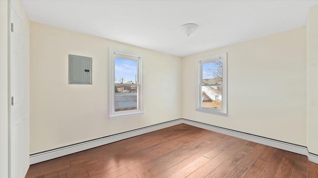 unfurnished room with wood finished floors and electric panel